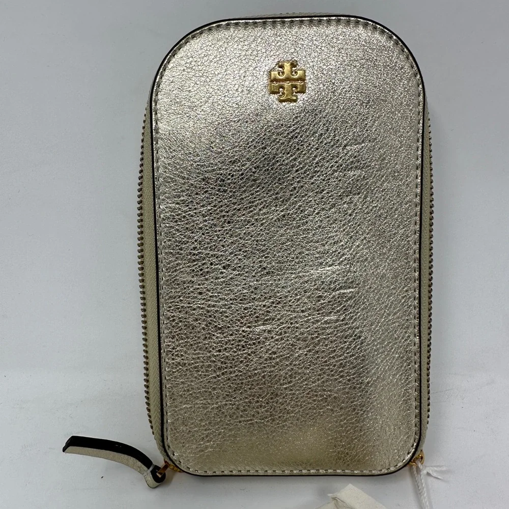 Tory Burch Emerson Metallic Phone Crossbody White Gold Purse New w/ flaws 140954